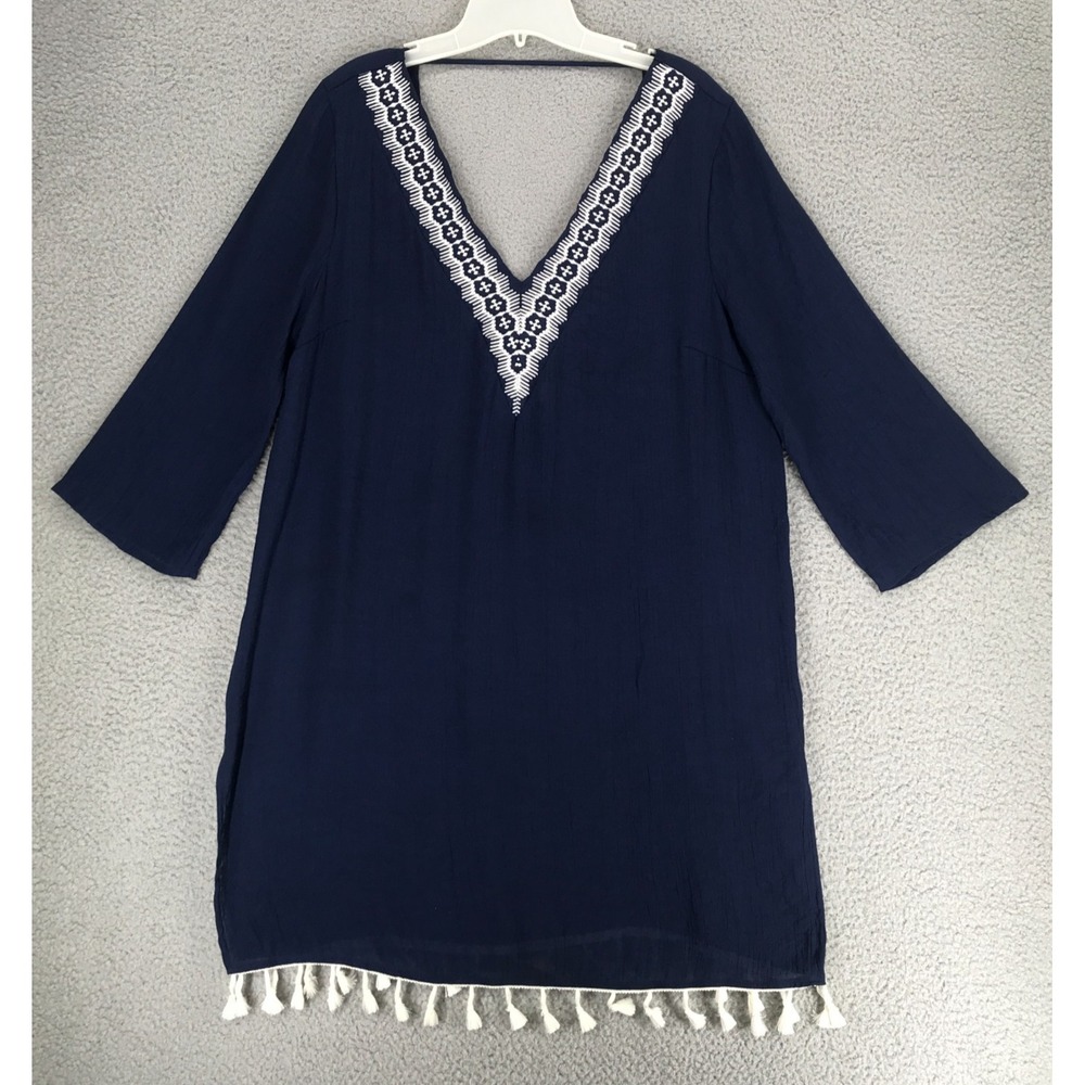Kona Sol Beach Cover Up Size L Embroidered Neckline Fringed Hem Navy